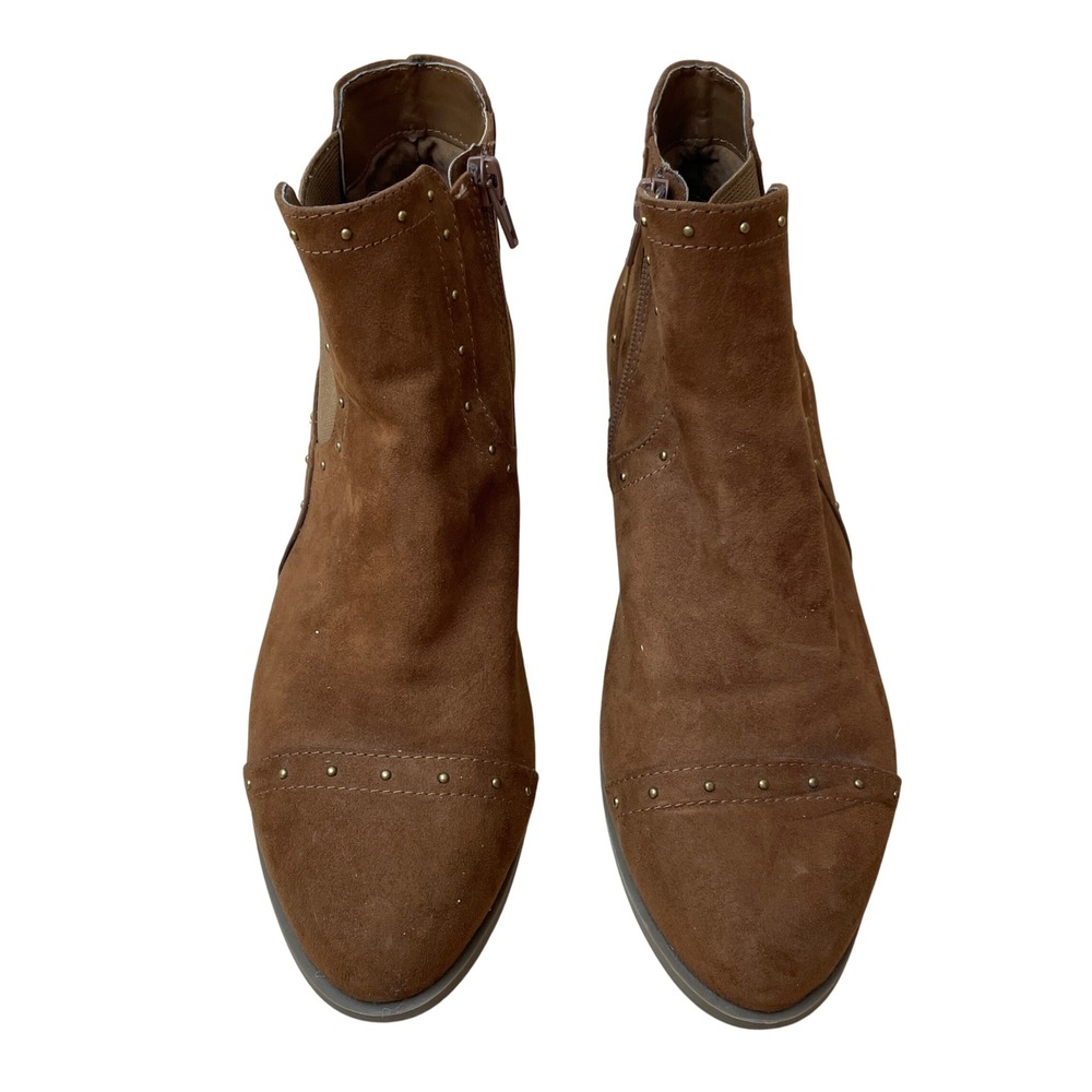 Liz Claiborne Ankle Boots Brown Faux Suede‎ Gold Studded Accents Side Zip SZ 8.5